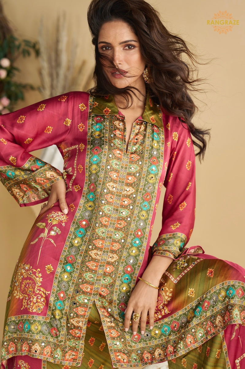 Gulnaar Crepe Silk Embroidered Mirror Work Suit Set