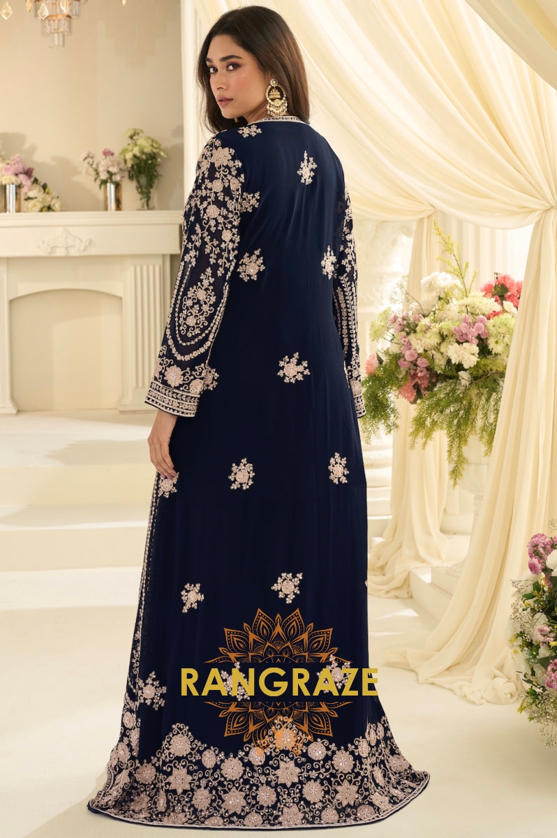 Navy Blue Premium Chinon Embroidered Anarkali Set