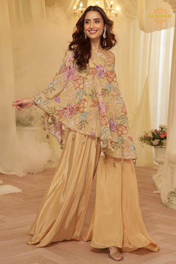 Champagne Floral Crepe Poncho Palazzo Suit Set