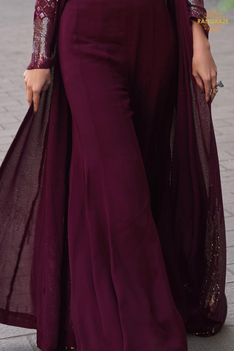 Noir Wine Sequined Georgette Palazzo Set