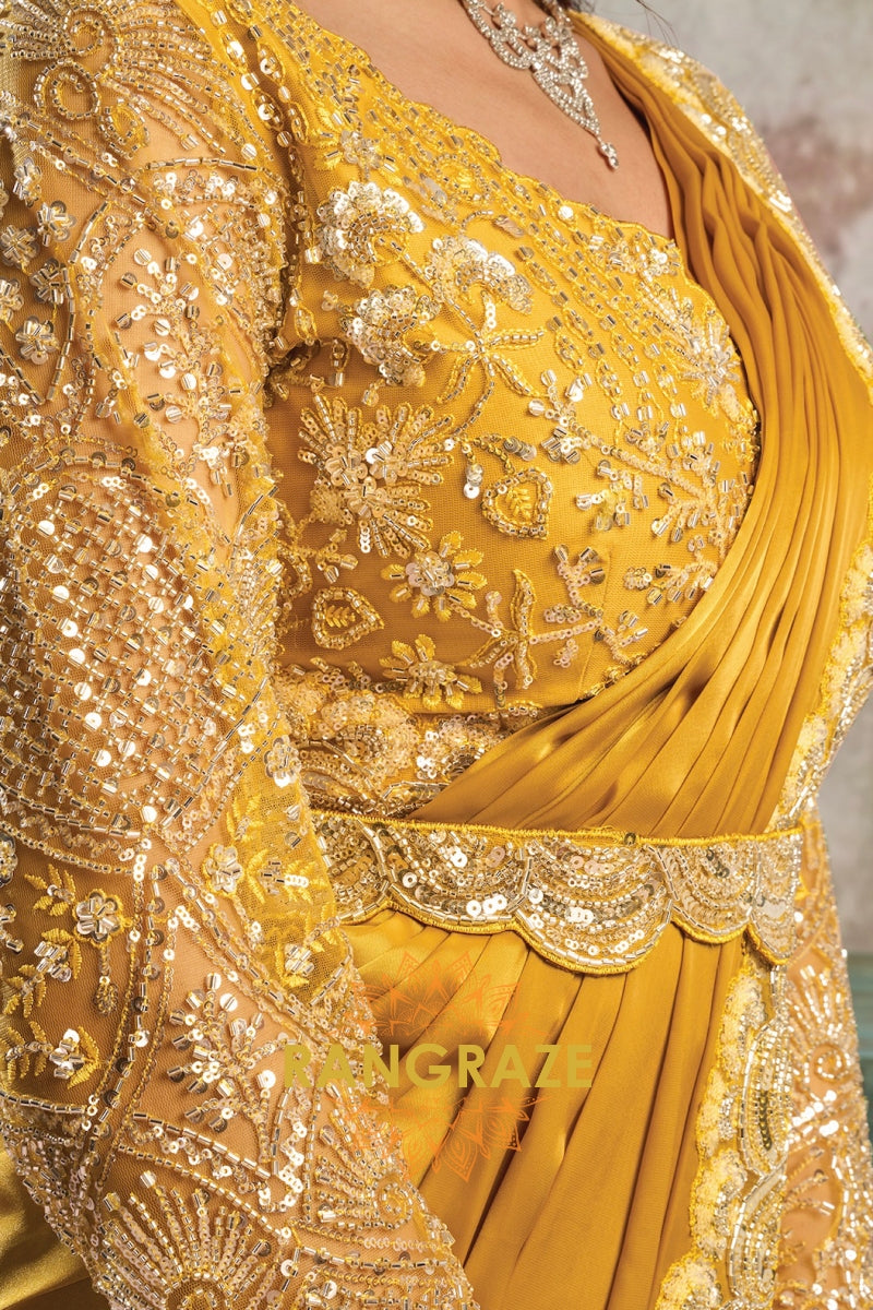 Mustard Gold Lustrous Satin One Minute Saree with Readymade Designer Blouse & Belt
