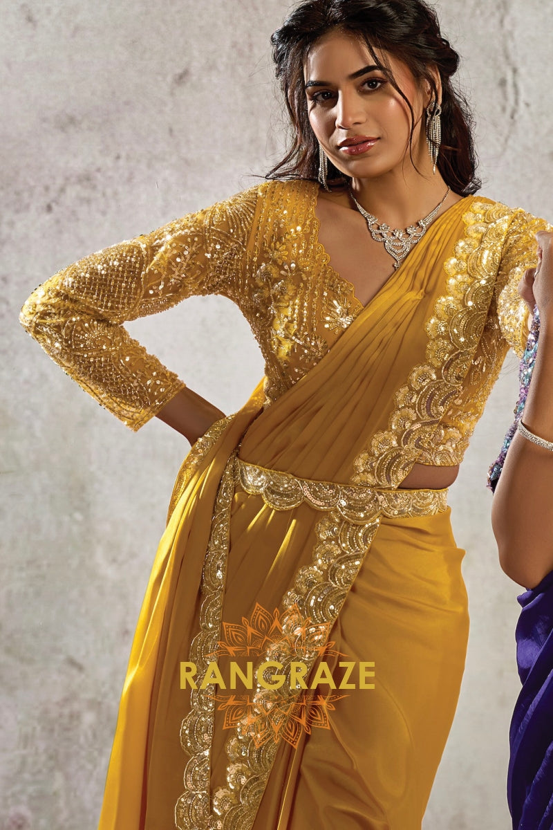 Mustard Gold Lustrous Satin One Minute Saree with Readymade Designer Blouse & Belt