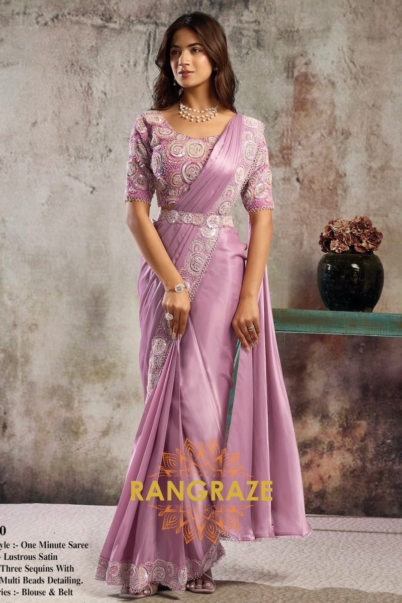 Mauve Pink Lustrous Satin One Minute Saree with Readymade Designer Blouse & Belt