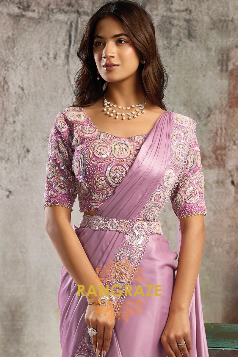 Mauve Pink Lustrous Satin One Minute Saree with Readymade Designer Blouse & Belt