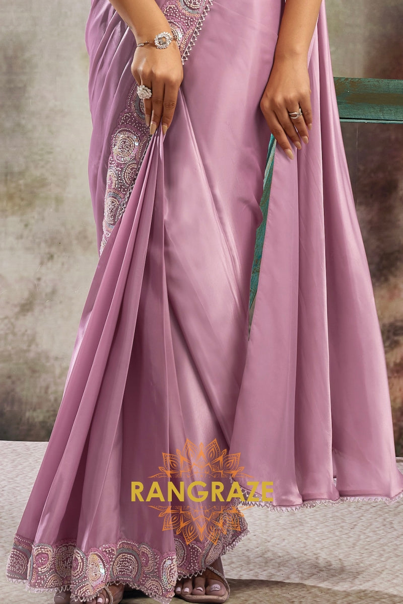 Mauve Pink Lustrous Satin One Minute Saree with Readymade Designer Blouse & Belt
