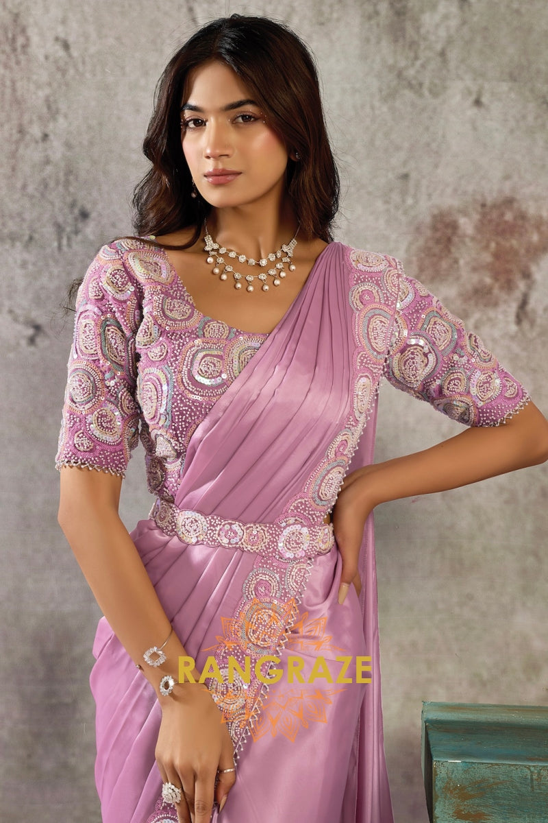 Mauve Pink Lustrous Satin One Minute Saree with Readymade Designer Blouse & Belt