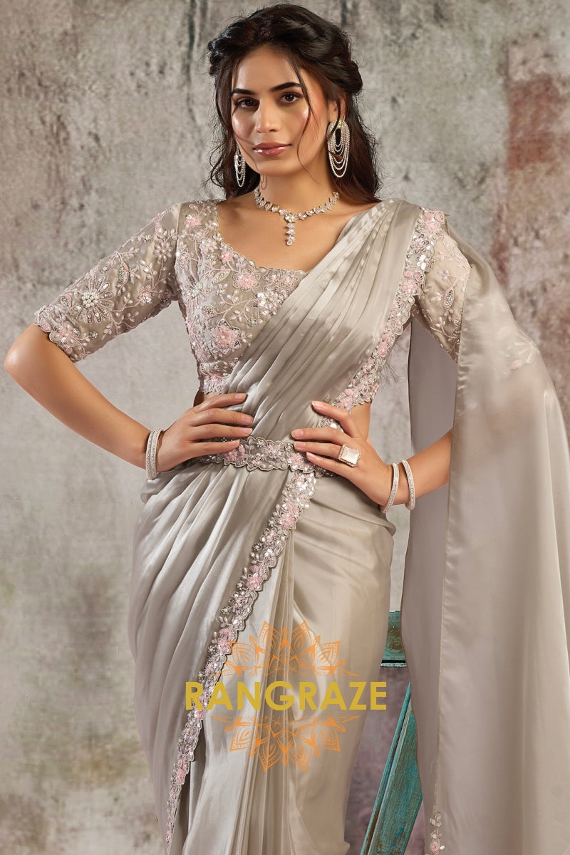 Taupe Armani Satin Silk One Minute Saree with Readymade Designer Blouse & Belt
