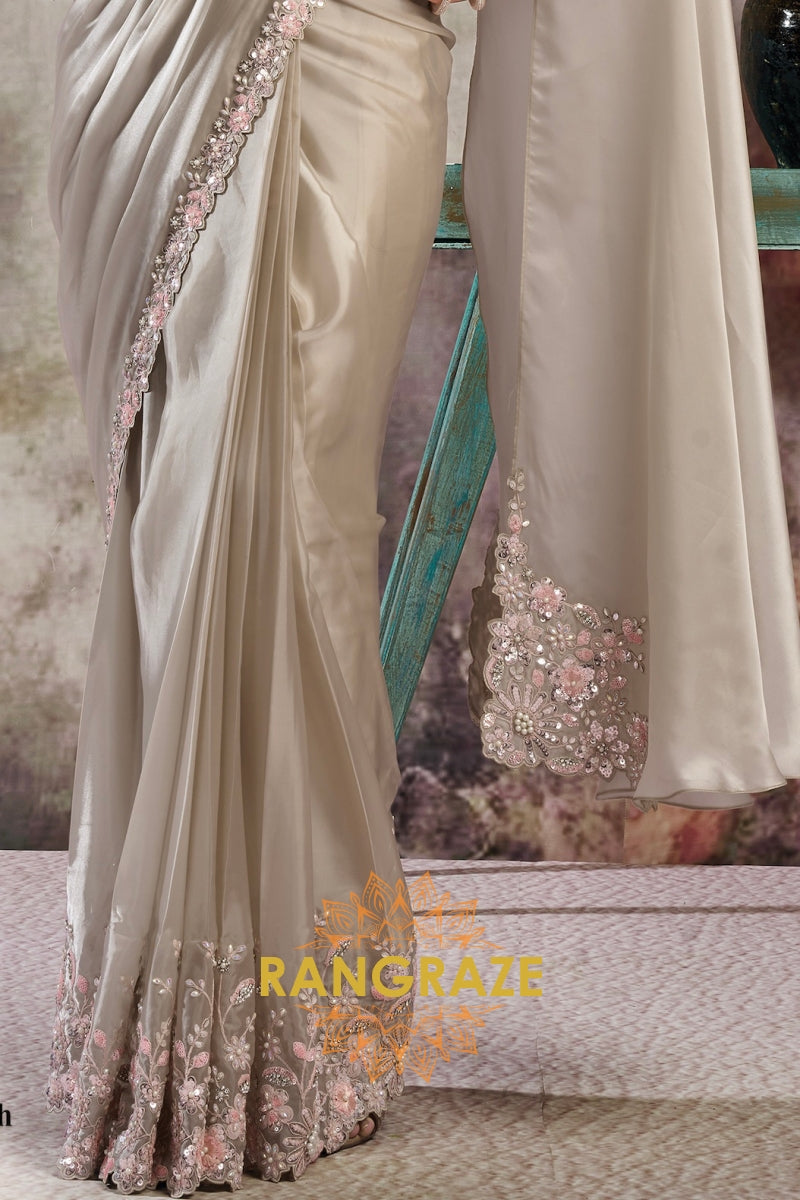 Taupe Armani Satin Silk One Minute Saree with Readymade Designer Blouse & Belt