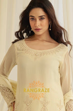 Natural Cream Crepe Silk Embroidered Suit Set