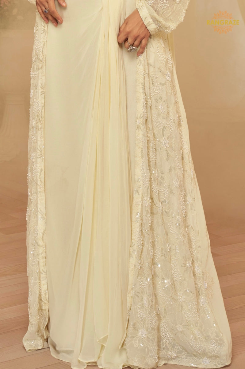 Ivory Zareen Georgette Jacket Croptop Skirt Suit Set