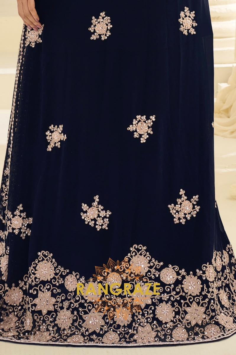 Navy Blue Premium Chinon Embroidered Anarkali Set