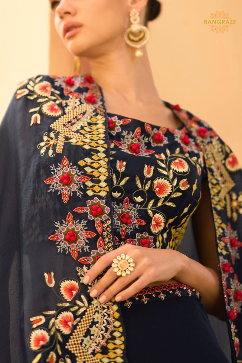 Navy Blue Floral Embroidered Shrug with Blouse and Palazzo Suit Set