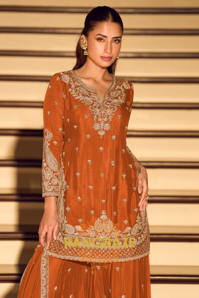 Festive Orange Premium Chinnon Silk Suit Set