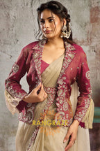 Beige Crystal Organza Satin One Minute Saree with Readymade Embroidered Jacket, Blouse & Belt