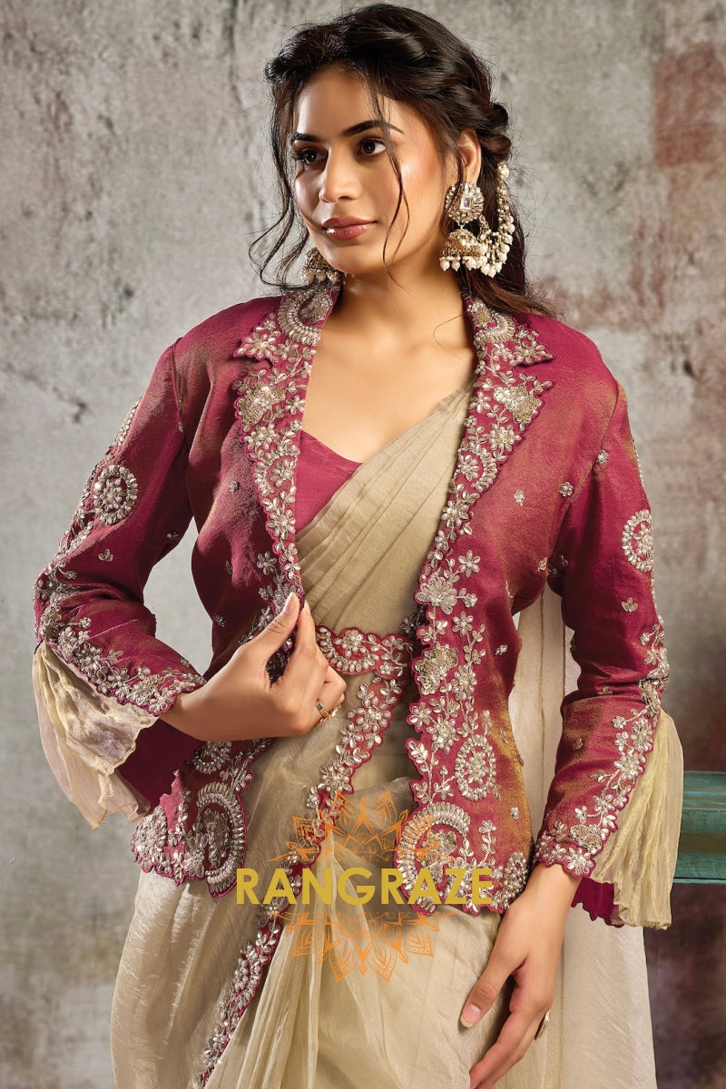 Beige Crystal Organza Satin One Minute Saree with Readymade Embroidered Jacket, Blouse & Belt