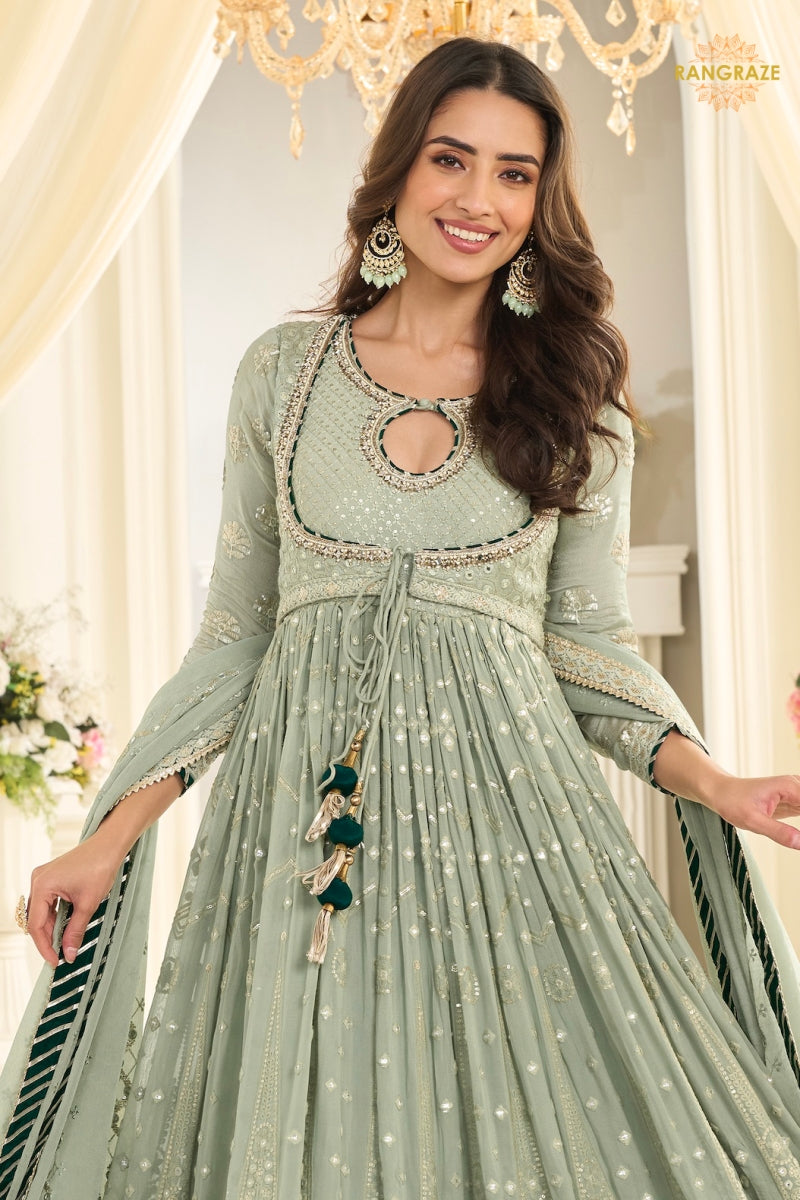 Sage Noor Premium Georgette Anarkali Gown Set
