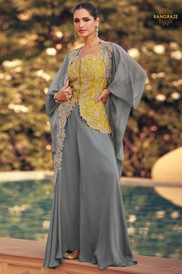 Mist Grey Chinnon Silk Jacket Suit Set