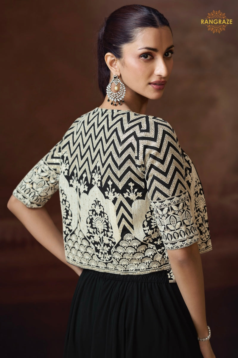 Noir Ivory Embroidered Palazzo Jacket Suit Set