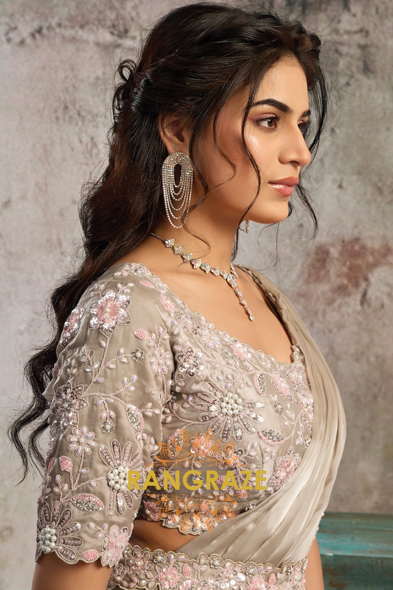 Taupe Armani Satin Silk One Minute Saree with Readymade Designer Blouse & Belt