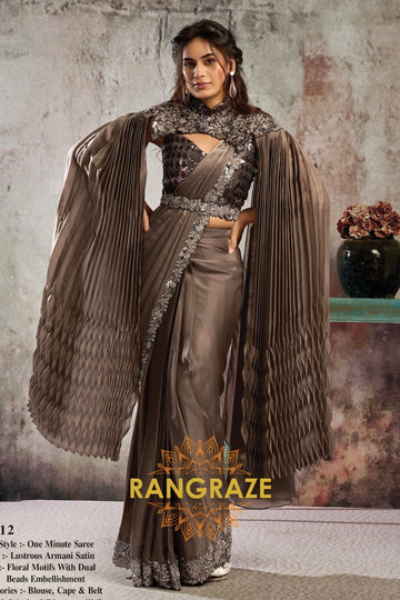 Chocolate Brown Lustrous Satin One Minute Saree with Readymade Designer Blouse & Belt