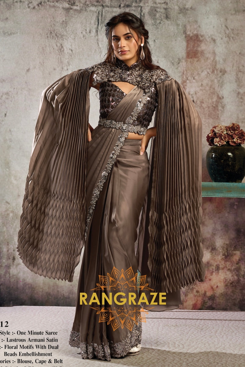 Chocolate Brown Lustrous Satin One Minute Saree with Readymade Designer Blouse & Belt