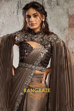 Chocolate Brown Lustrous Satin One Minute Saree with Readymade Designer Blouse & Belt