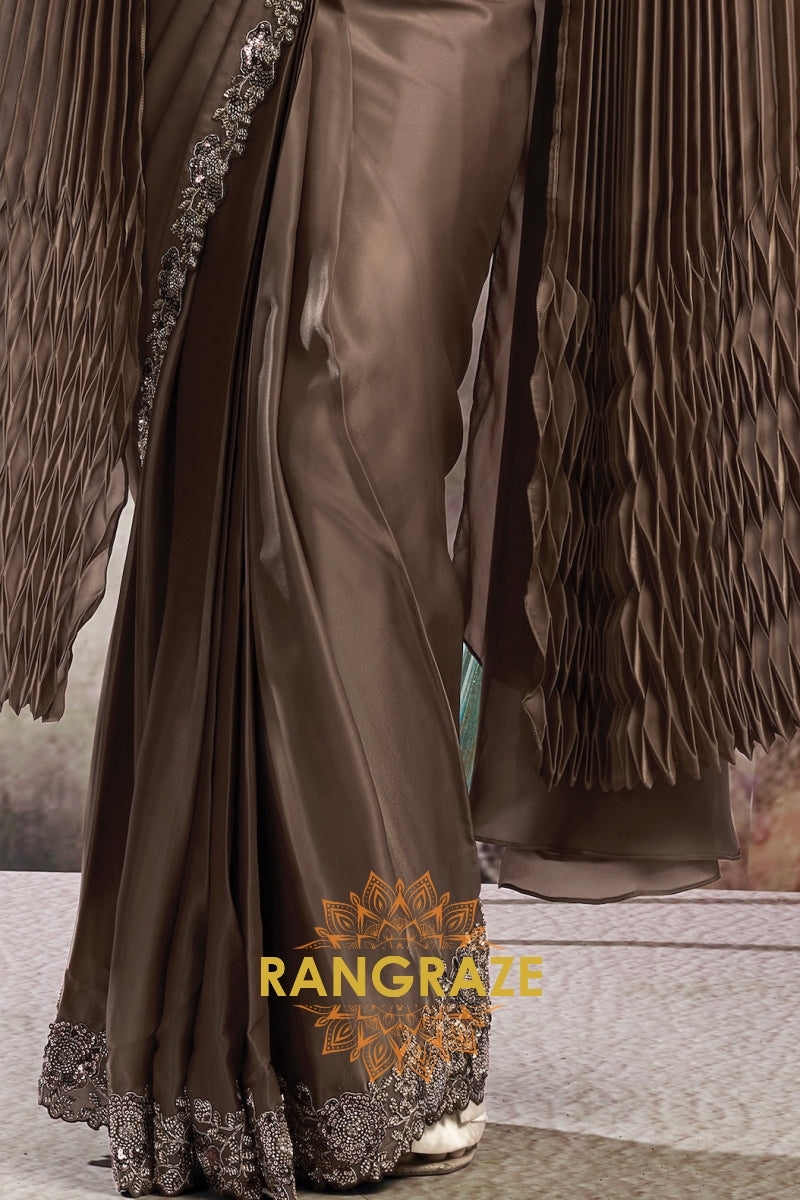 Chocolate Brown Lustrous Satin One Minute Saree with Readymade Designer Blouse & Belt