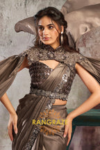 Chocolate Brown Lustrous Satin One Minute Saree with Readymade Designer Blouse & Belt