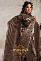 Chocolate Brown Lustrous Satin One Minute Saree with Readymade Designer Blouse & Belt