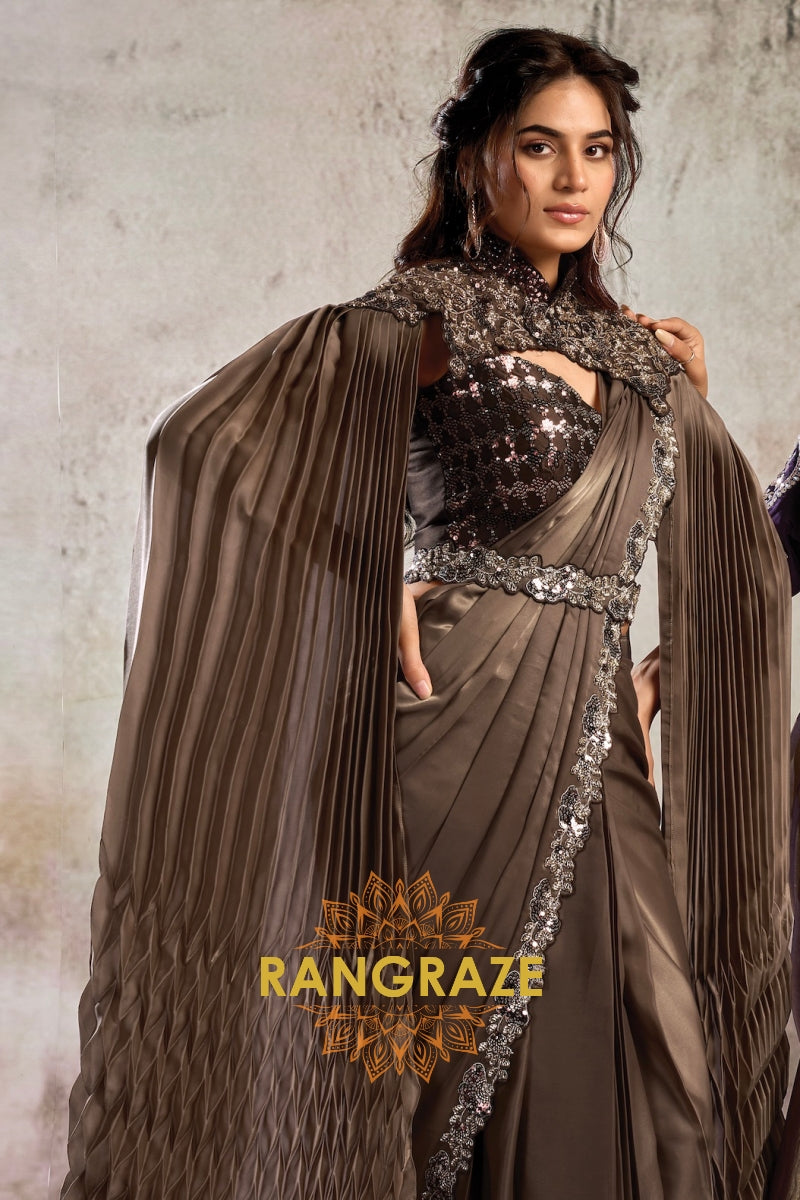 Chocolate Brown Lustrous Satin One Minute Saree with Readymade Designer Blouse & Belt