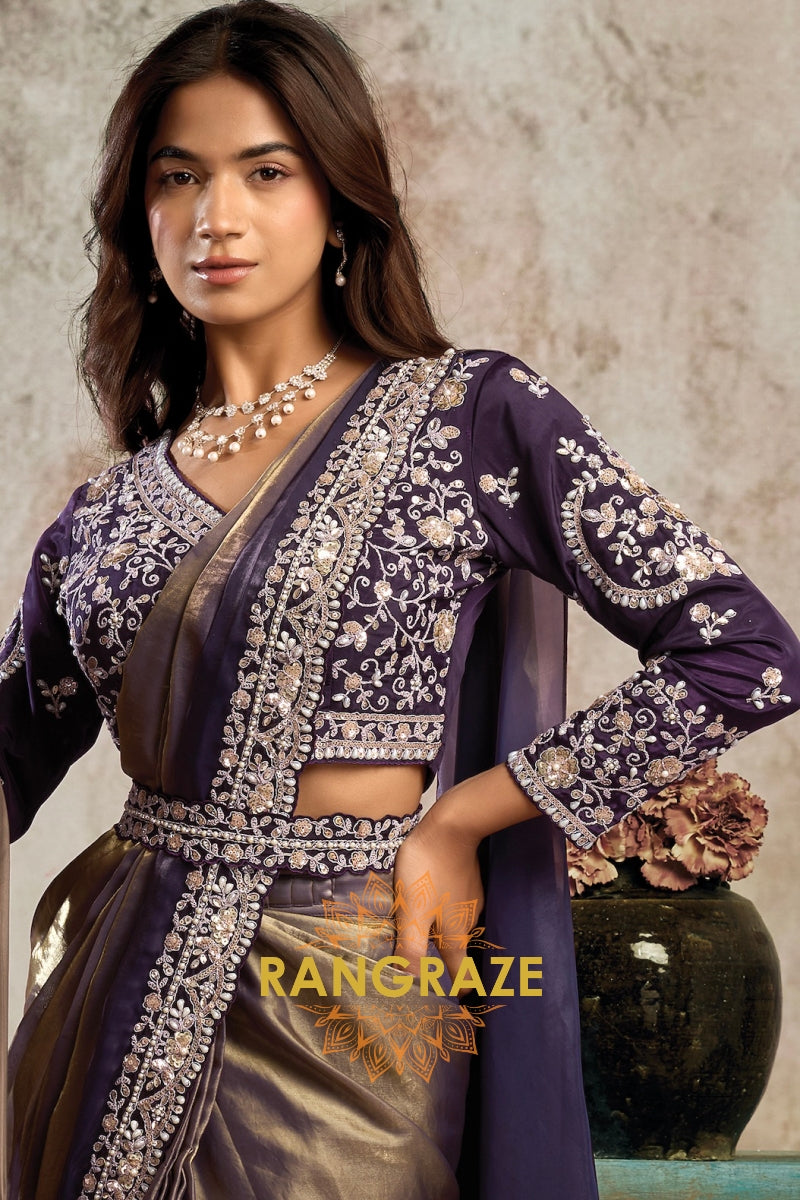 Metallic Gold Satin One Minute Saree with Readymade Designer Blouse & Belt