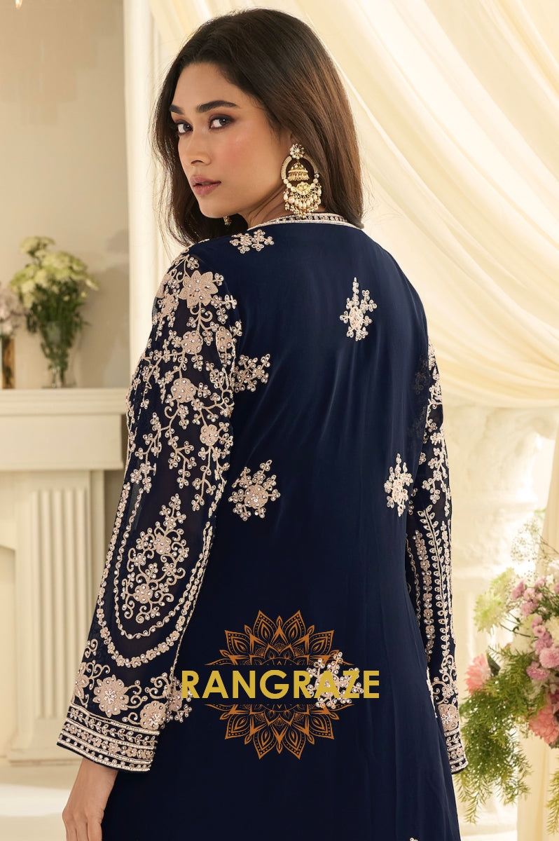 Navy Blue Premium Chinon Embroidered Anarkali Set