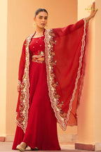 Crimson Red Floral Embroidered Shrug with Blouse and Palazzo Suit Set