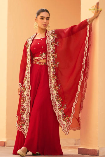 Crimson Red Floral Embroidered Shrug with Blouse and Palazzo Suit Set