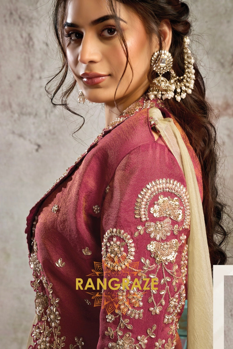Beige Crystal Organza Satin One Minute Saree with Readymade Embroidered Jacket, Blouse & Belt