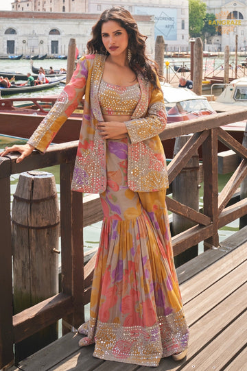 Mustard Multicolour Floral Jacket Chinon Sharara Choli Suit Set