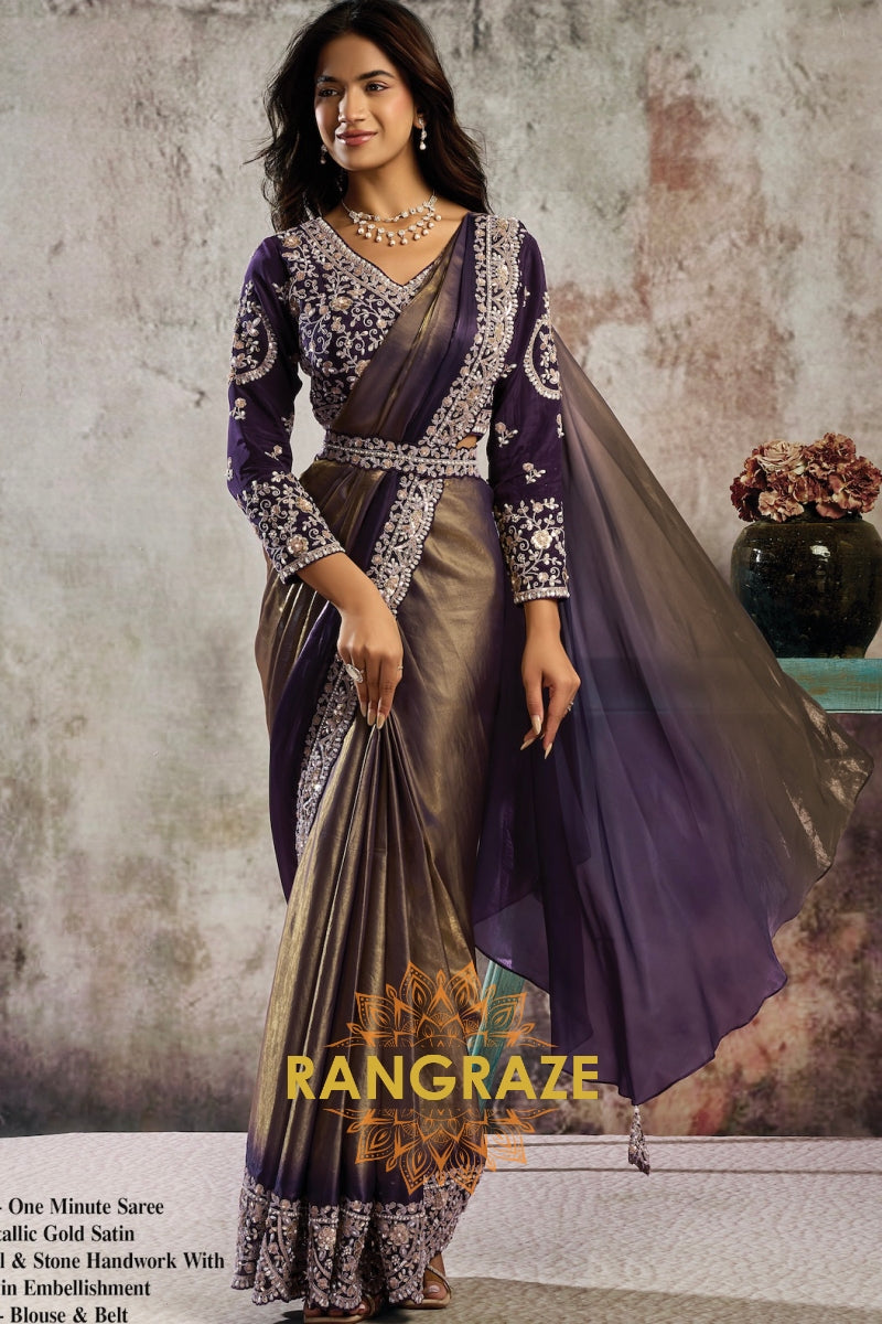 Metallic Gold Satin One Minute Saree with Readymade Designer Blouse & Belt