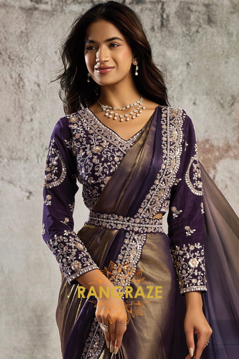 Metallic Gold Satin One Minute Saree with Readymade Designer Blouse & Belt