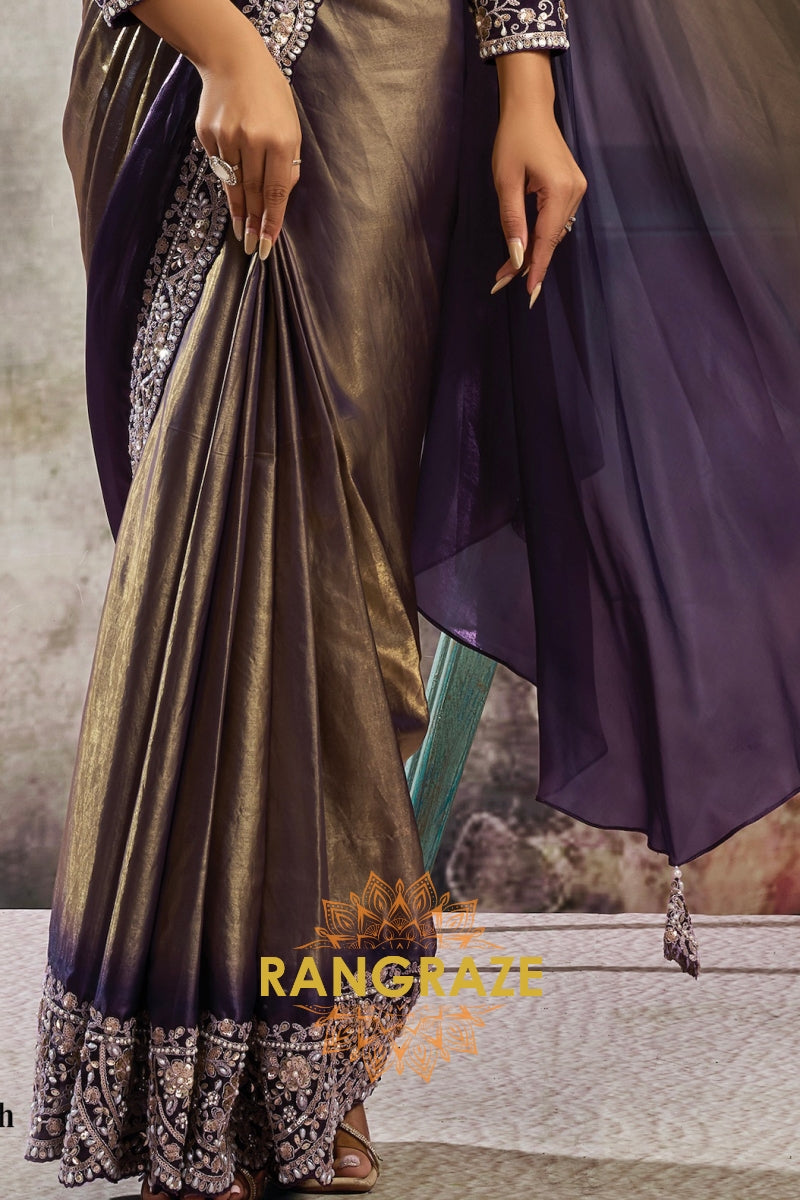 Metallic Gold Satin One Minute Saree with Readymade Designer Blouse & Belt