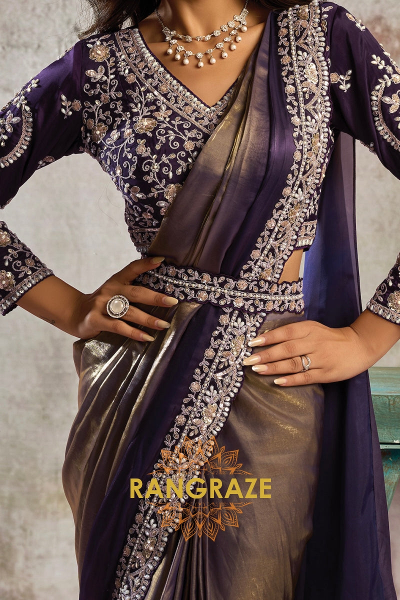 Metallic Gold Satin One Minute Saree with Readymade Designer Blouse & Belt