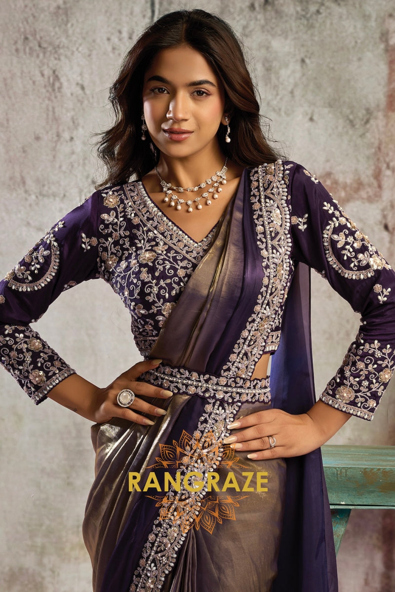 Metallic Gold Satin One Minute Saree with Pearl, Stone & Sequin Embellishment