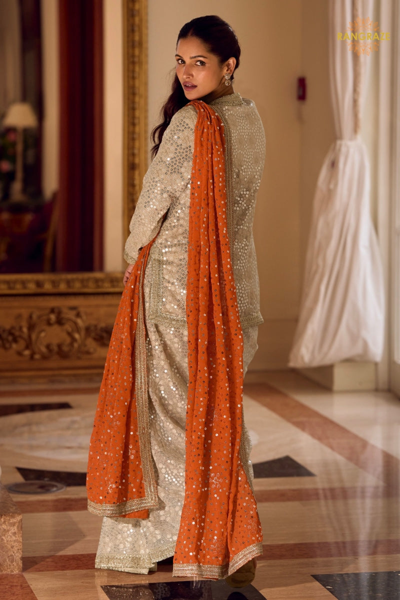 Champagne Gold Sequined Georgette Dhoti Pant Set with Orange Dupatta