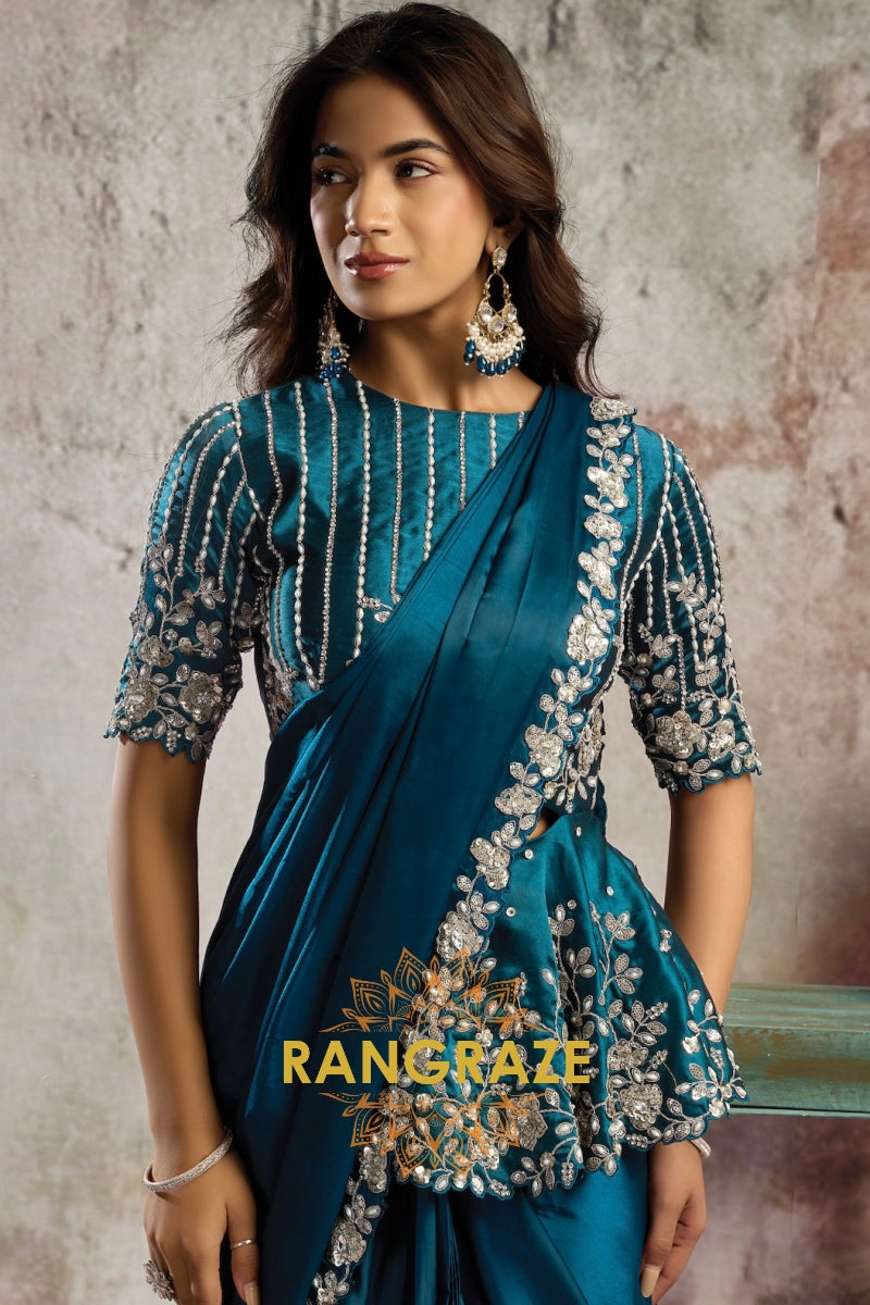 Teal Lustrous Satin One Minute Saree with Readymade Embroidered Designer Peplum Blouse