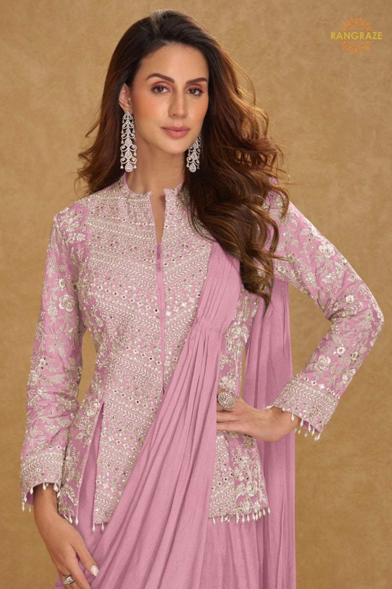 Lilac Serene Pure Georgette Saree Style Suit Set with Hand Embroidery