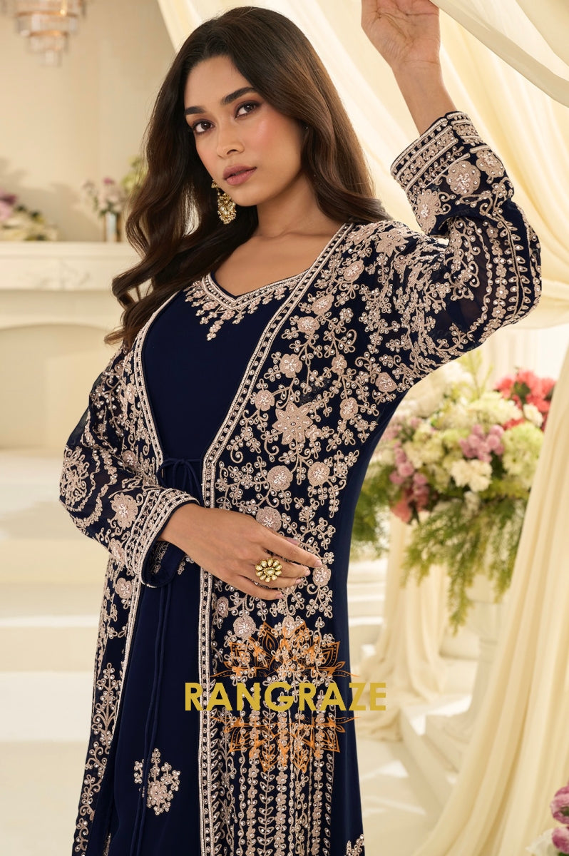 Navy Blue Premium Chinon Embroidered Anarkali Set