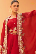 Crimson Red Floral Embroidered Shrug with Blouse and Palazzo Suit Set