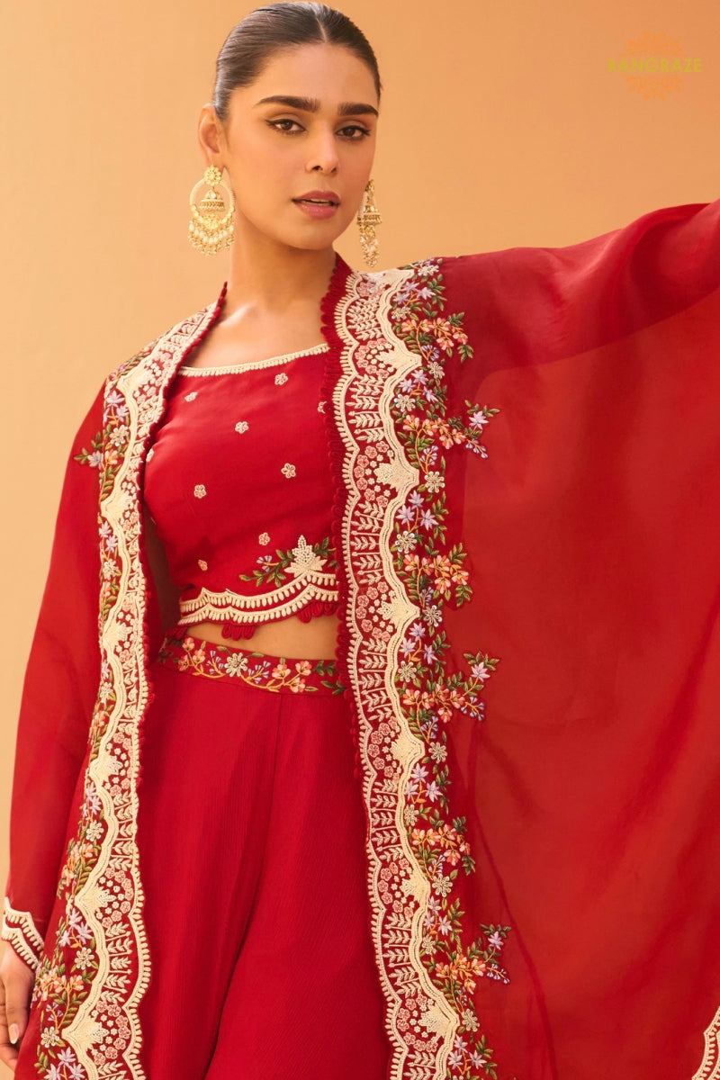 Crimson Red Floral Embroidered Shrug with Blouse and Palazzo Suit Set
