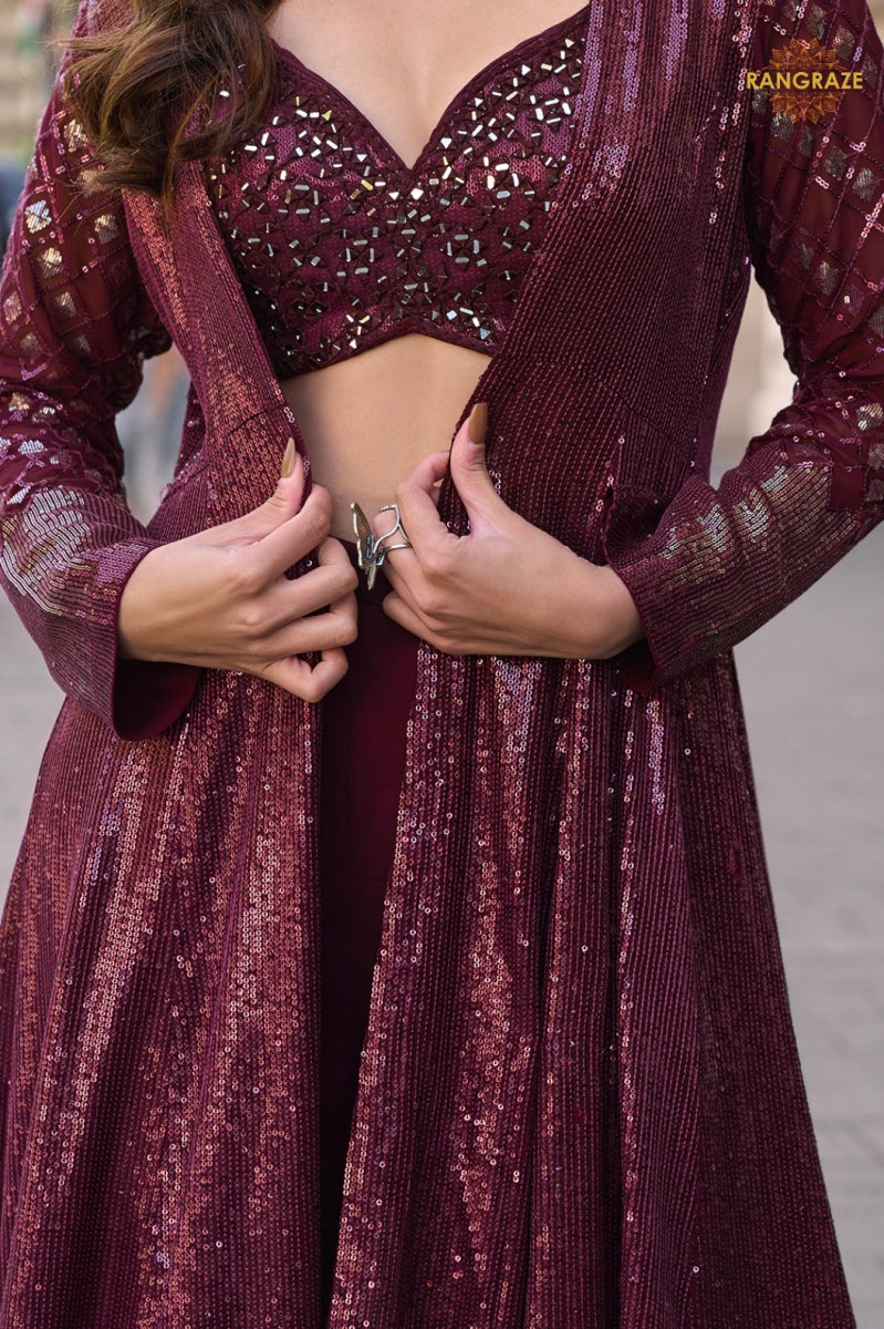 Noir Wine Sequined Georgette Palazzo Set