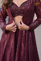 Noir Wine Sequined Georgette Palazzo Set