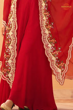 Crimson Red Floral Embroidered Shrug with Blouse and Palazzo Suit Set